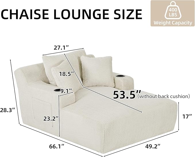 Oversized Chaise Lounge Chair - Upholstered Couch Cloud Boneless ChairDeep Seat Sleeper Sofa with Cup Holders and Side PocketsComfy Reading Chair for Living Room (Cream)