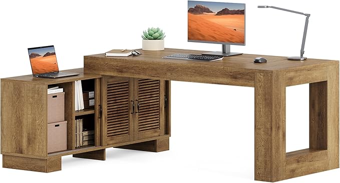 LITTLE TREE 63 L Shaped Executive Desk with Storage Farmhouse Home Office Desk with 2-Tier Cabinets and Shelves Large Wooden Computer Table Business Furniture Workstation Set Brown