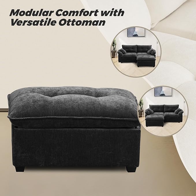 Modular Loveseat Sofa with Ottoman 81.5'' Deep Seat 2-Seater Chenille Couch Comfy L Shaped Convertible Small Sofa for Apartment Living Room Office Soft FabricLoveseat Sofa (Charcoal)