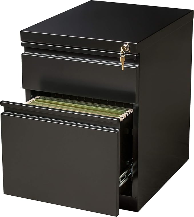 20 Inch Deep Metal Mobile Pedestal File 2 Drawer Box-File with Full Width Pull for Home and Office Holds Letter Width Hanging Folders Black