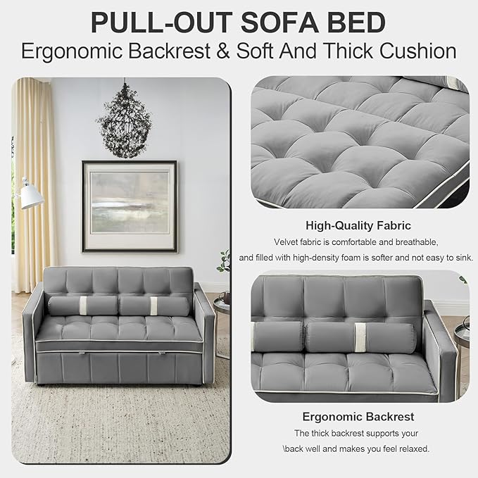 3-in-1 Convertible Sleeper Sofa Bed55.5 Modern Velvet Tufted Pull Out Couch BedFuton Small Love Seat Sofa with Adjustable Backrest&ampCylinder Pillows for Living RoomBedroomApartment(Grey)