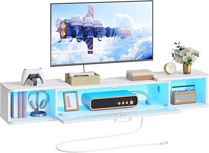 HOOBRO Floating TV Stand with LED Light Power Outlet for up to 65” Wall Mounted TV Shelf Modern Media Console Entertainment Center for Living Room Bedroom White WT34UDDS01G1