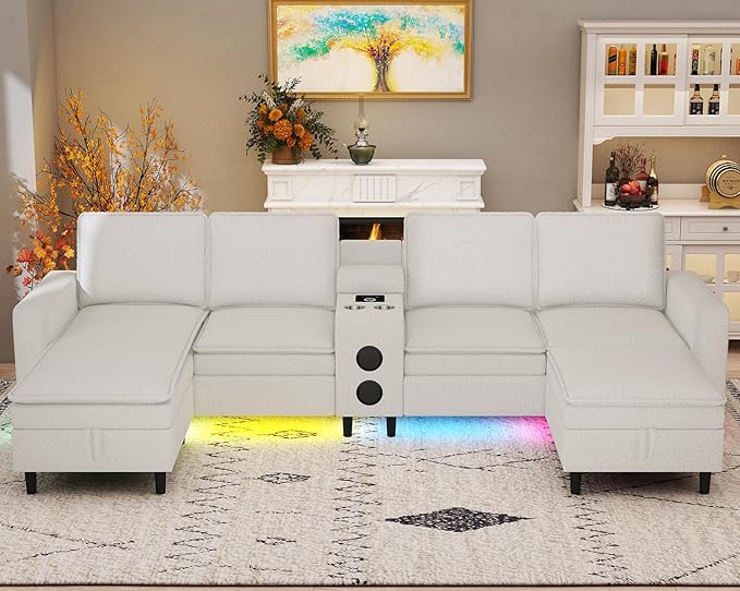 Sectional Couches for Living Room 6 Seat Sectional Sofa with Bluetooth Speaker/RGB Light/Charging Station Teddy Fleece U Shaped Couch with Storage Ottoman and Reversible Chaise Lounge - White