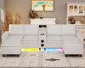 Sectional Couches for Living Room 6 Seat Sectional Sofa with Bluetooth Speaker/RGB Light/Charging Station Teddy Fleece U Shaped Couch with Storage Ottoman and Reversible Chaise Lounge - White