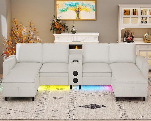 Sectional Couches for Living Room 6 Seat Sectional Sofa with Bluetooth Speaker/RGB Light/Charging Station Teddy Fleece U Shaped Couch with Storage Ottoman and Reversible Chaise Lounge - White