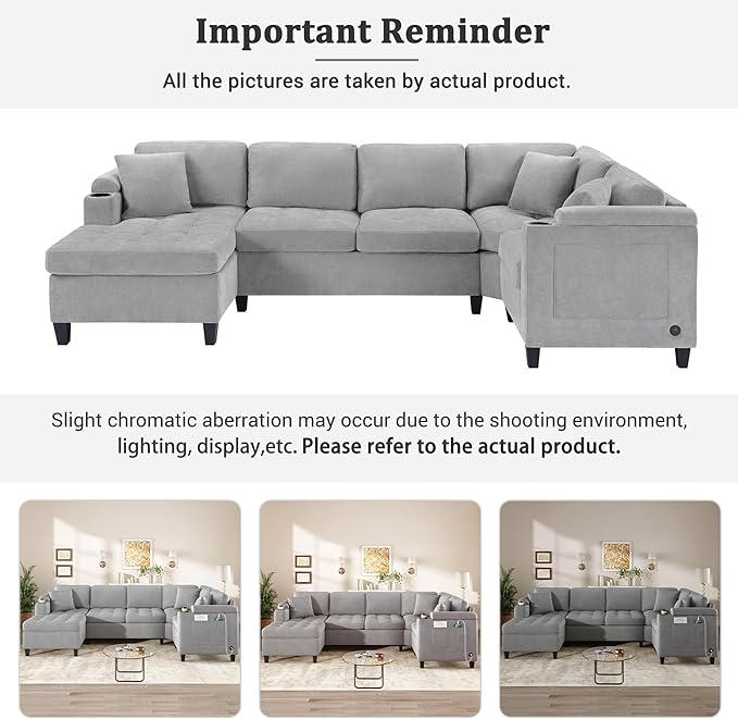 Merax 115.7 U-Shaped Chenille Sectional Sofa 4 Seat Corner Couch Oversized with Built-in Cup Holders 3 Pillows Storage Space for Living Room Light Grey