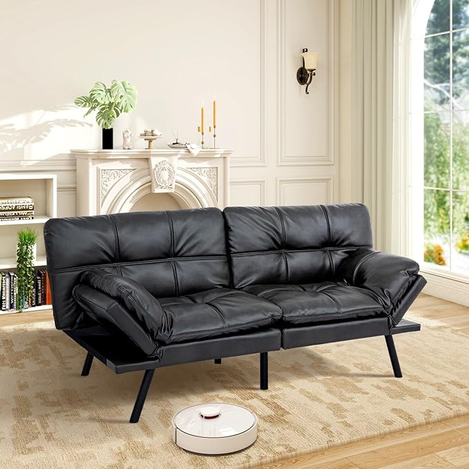 MUUEGM Futon Sofa Bed Memory Foam Matte Black Futons Modern Office Couch Sleeper Bed Convertible Love seat Sofa for Small SpacesApartmentOffice with Adjustable Armrest Backrest