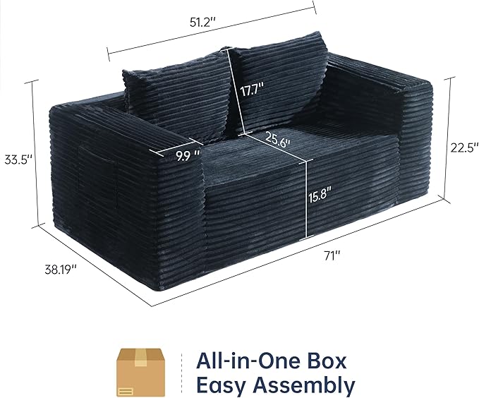 TeQsli Loveseat Sofa 71 Foam Sofa in a Box Plush Corduroy Deep Seat Couch No Assembly Needed Modern Sofa for Compact Living Rooms Apartments and Offices