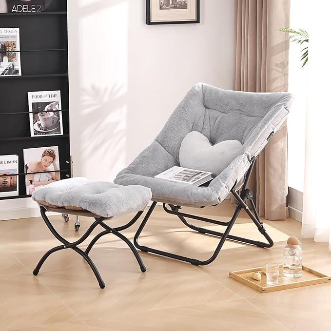 Comfy Saucer Chair with Ottoman Oversized Folding Faux Fur Chair Soft Furry Lazy Chair with Metal Frame Moon Chair Accent Chair for Bedroom Living Room Dorm Rooms Grey