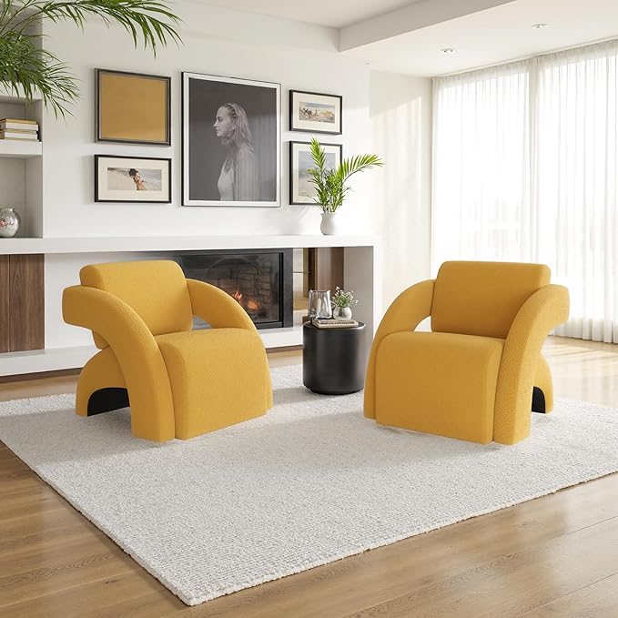 Soohow Upholstered Armchair with Ottoman – Plush Bouclé Fabric Curved Seat &amp Sled-Base Lounge Chair for Living Room Bedroom Study