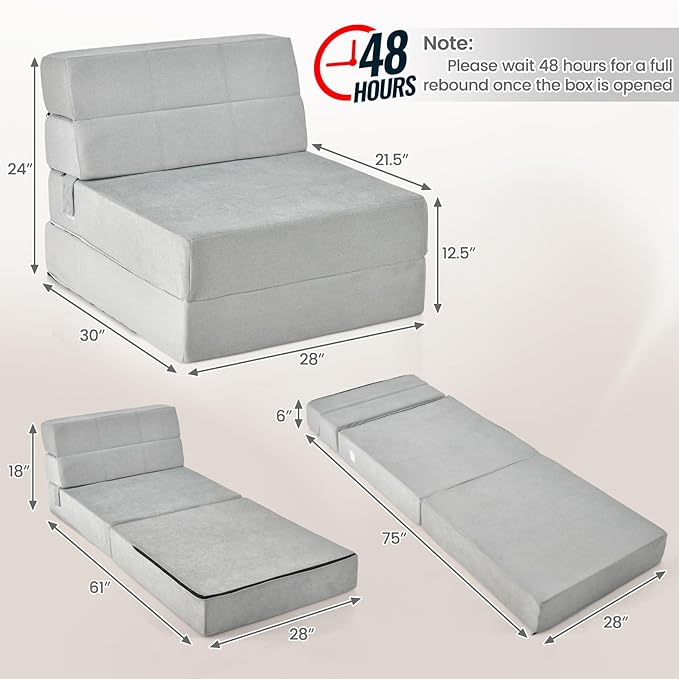 KOMFOTT Tri Folding Sofa Bed Convertible Sleeper Chair Bed 6 Inch Breathable High-Density Foam Futon Floor Couch Sleeping Mattress Portable Guest Bed Lazy Couch with Removable &amp Washable Cover