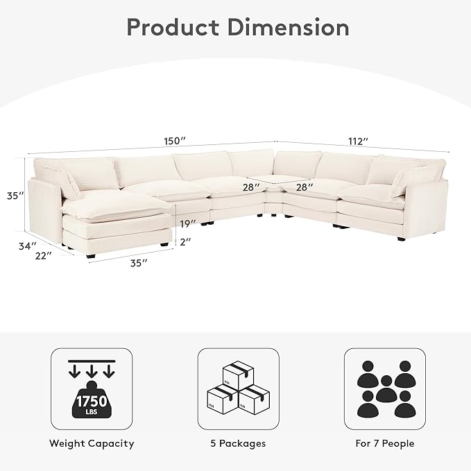 ROWHY 150'' Modular Sectional Cloud Couch 7 Seater Corner Sofa Big Comfy Corduroy V Shaped Couch with 4 Throw Pillows Convertible Chaise Ottoman Couches for Living Room Office Beige