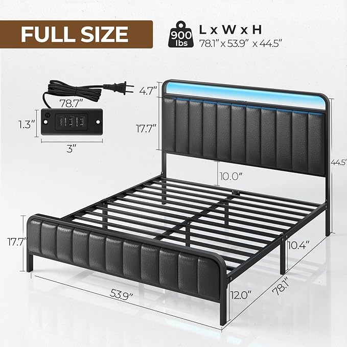 Rolanstar Full Size Bed Frame with LED Light and Charging Station Upholstered Headboard and Footboard Metal Slat Noise Free Easy Assembly Black