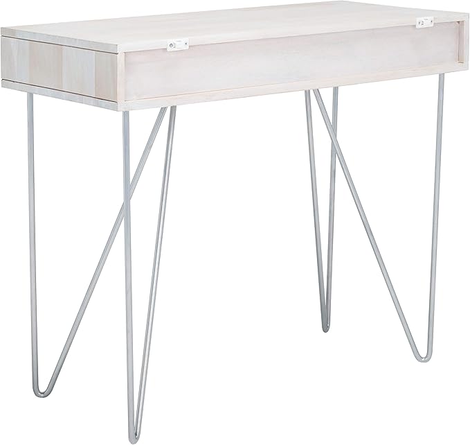 SAFAVIEH Home Office Collection Raveena White Wash and Silver 1-Drawer Hairpin Leg Desk