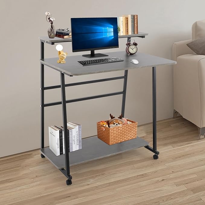 Small Office Mobile Computer Desk 3-Tier Laptop Table with Storage Shelves Tiny Computer Desk with Wheels for Home Office Bedroom Living Room Studio (Grey+Black)