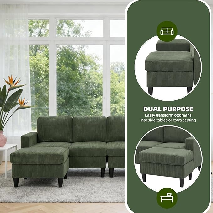 101 L-Shape Modular Sectional Couch Convertible Corduroy Couch with 2 Ottomans Modern 4 Seater Upholstered Modular Sectional Sofa for Apartment Living Room Dark Green
