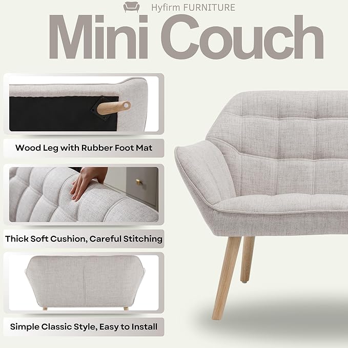 Loveseat Sofa 48 inch Love Seat for Living Room Comfy Linen Small Couch with Wood Legs for Bedroom Small Space Apartment Office Beige