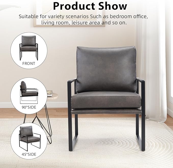INZOY Mid Century Modern Accent Chair with Removable Cushions Set of 4 Comfy PU Leather Living Room Chairs with Thicker Backrest and Cushion Metal Frame Design Dark Grey