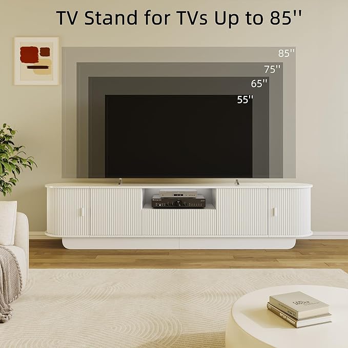 Fluted TV Stand and Coffee Table Set of 2 86.6'' TV Console for 55-85 Inch Modern Entertainment Center with Large Storage Cabinet Lift Top Coffee Table for Living Room Bedroom White