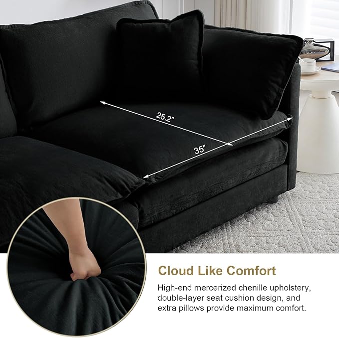KIVENJAJA 41.4”W Oversized Sofa Chair with Ottoman Modern Chenille Deep Seat Single Couch Armchair Comfy Chaise Lounge Indoor with Pillow for Living Room Bedroom Apartment Black