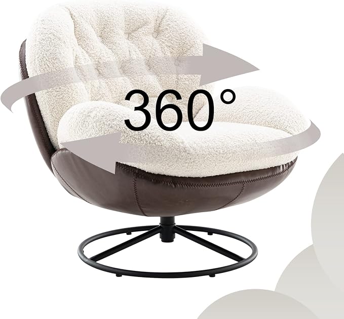 Modern Accent Chair with Ottoman Fluffy Faux Fur Upholstered Swivel Lounge Chair with footrest Comfy Tufted Armchair with Metal Heavy Duty Base for Living Room Bedroom Reading Chair White