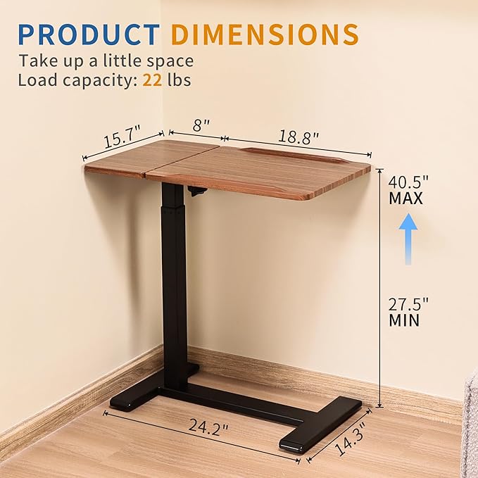 Adjustable Overbed Bedside Table with Hidden Wheels Pneumatic Tilt Board Rolling Laptop Standing Desk Cart Mobile Over Bed Sofa Chair Side End Tables Walnut (Walnut)