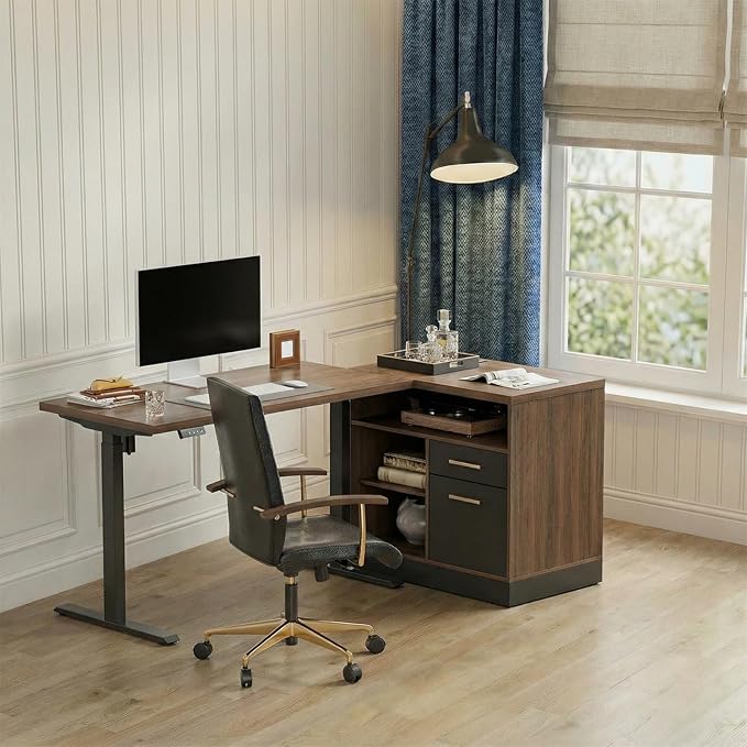 Electric Standing Desk with 2-Drawer File Cabinet Adjustable Height Executive Desk Home Office Workstation with A Engineered Wood 1.18 Solid Desktop Built-in Outlets Black Walnut
