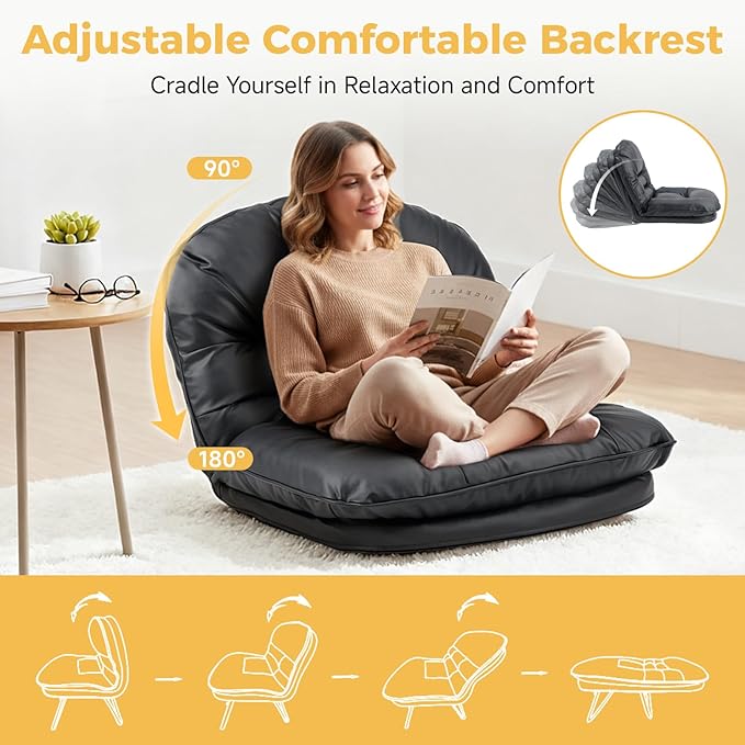 NEWBULIG Floor Chair Adjustable Space Saving Accent Chair for Living Room &amp Bedroom Comfy Reading &amp Meditation Chair Compact Foldable Design for Easy Storage Modern Faux Leather Black