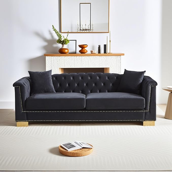 84 Chesterfield 3-Seater Black Velvet Combination Sofa 2 Cushion Classic 6.5 Rolled Arm Modern Couch Suitable for Living Room