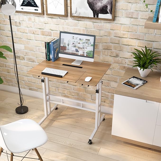 DlandHome Adjustable Rolling Desk Standing Desk Sit-Stand Desk Cart Mobile Computer Desk Stand Up Desk Office Desk Riser Standing Table Workstation Mobile Desk Oak