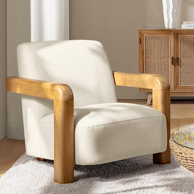 HULALA HOME Boucle Accent Chair Modern Low-Profile Leisure Armchair with Thick Padded Seat Cushion Solid Wood Frame &amp Curved Armrests Ideal for Living Room/Bedroom/Reading Corner(Linen)