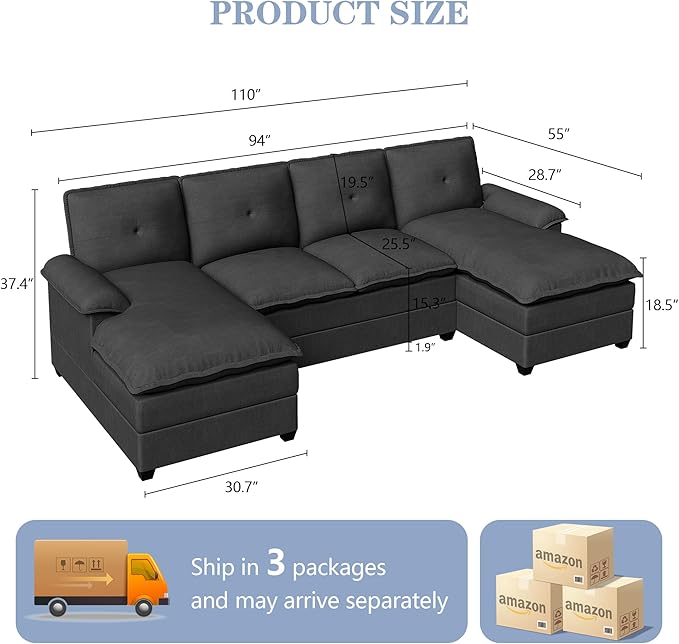 U Shaped Sectional Couches for Living Room110 Modern Big Sofa Couch with Double Chaise4 Seat Modular Sofa Couches with Thick Cushion &amp Soft BackrestBlack