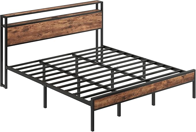King Size Bed Frame with USB Charging Station &amp Storage Headboard Modern Metal Platform Bed with Large Under Bed Space Noise Free Easy Assembly No Box Spring Needed Rustic Brown