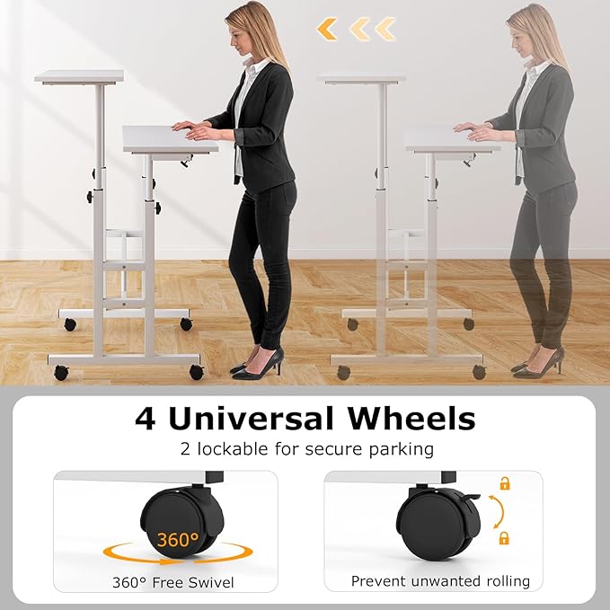 Giantex Mobile Standing Desk Height Adjustable Stand Up Table with Wheels &amp Tilting Tabletop Rolling Laptop Cart Computer Workstation for Standing or Sitting Home Office Sit Stand Desk (White)