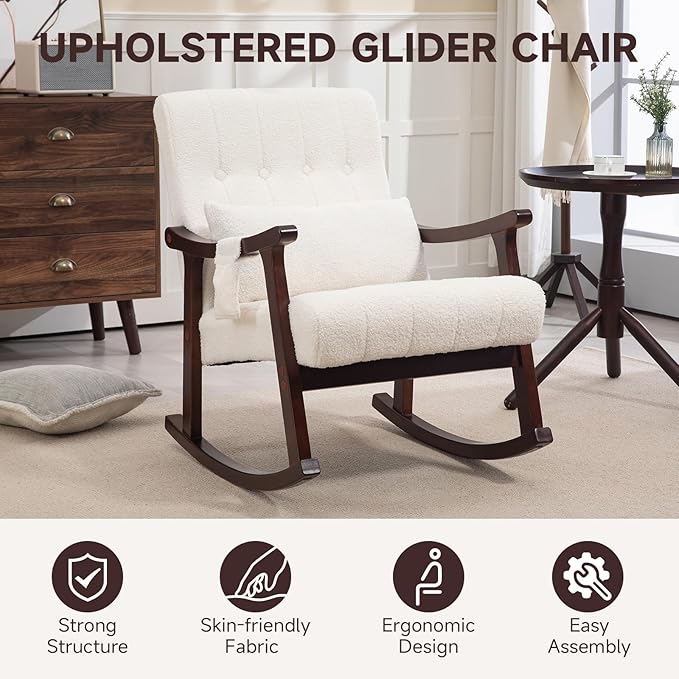 AVAWING Teddy Upholstered Rocking Chair Set of 2 Small Glider Rocker with 2-Point Massage Lumbar Pillow and Solid Wood Legs for Nursery and Living Room White