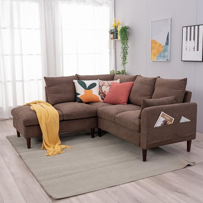 Panana 5 Seater Corner Sofa L Shaped Couch Upholstered Sectional Setee wth Built-in USB Charging Port Chaise (Brown Linen 5 Seater Corner Sofa with Built-in USB Port Chaise)