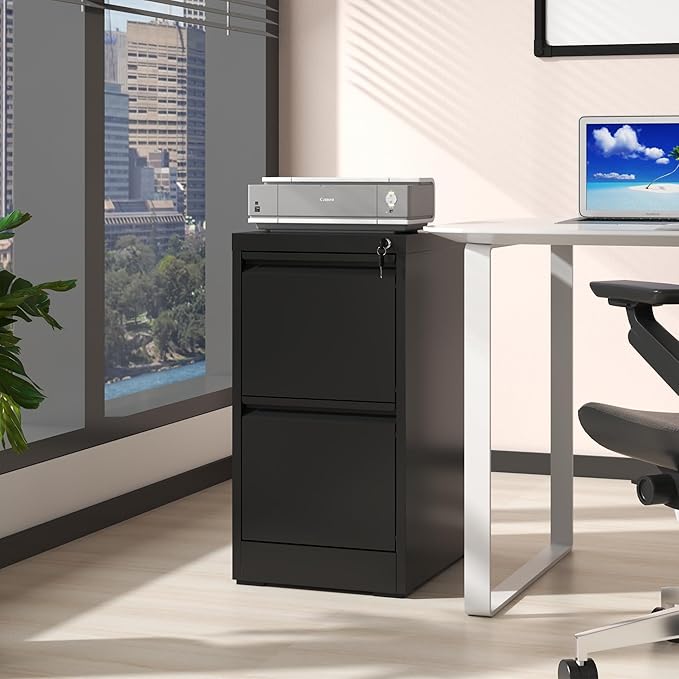 2 Drawer Small File Cabinet with LockUnder Desk Storage Organizer Metal Filing Cabinets for Home Office Locking Drawers for A4 Legal/Letter SizeBlack