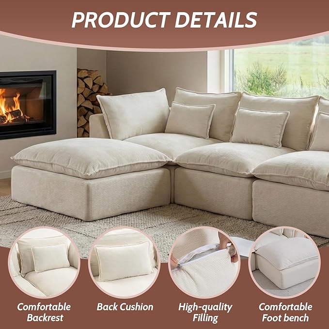 102 Cloud Sectional Sofa with Ottoman Waffle Knit Boneless Couch for Living Room Deep Seat Modular Foam Sofa Anti-Sagging 3-Seater SetWhite