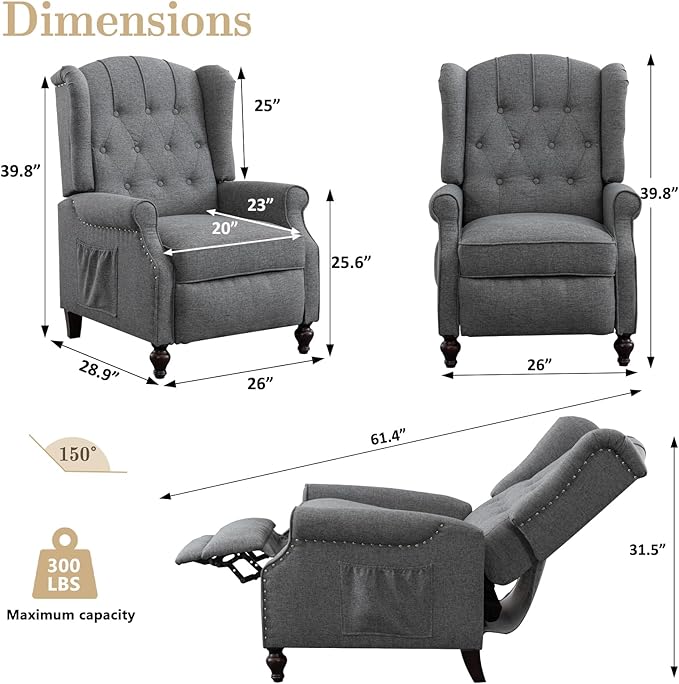 Pushback Recliner Chair Linen Elizabeth Tufted Armchair Accent Chair with Massage &ampHeat Mid Century Modern Wingback Single Sofa Chairs for Living Room Small Space Home Theater (Light Grey)