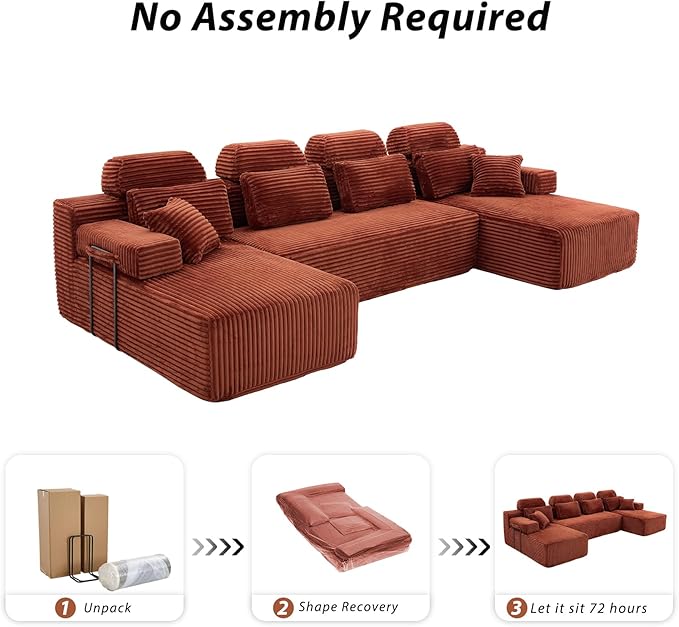141″ Cloud Modular Sectional Sofa U Shaped Sectional Couches with Reversible Chaise Boneless Couch for Living Room 28 Deep Seat Corduroy Couch in a Box No Assembly Required Orange