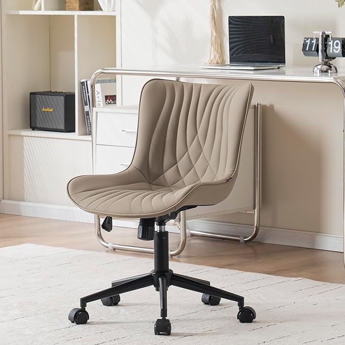 YOUNIKE Office Chair Desk Chair with Wheels Home Office Computer Task Chairs Modern Faux Leather Padded Vanity Chair Adjustable Swivel Armless Office Chairs with Back Khaki