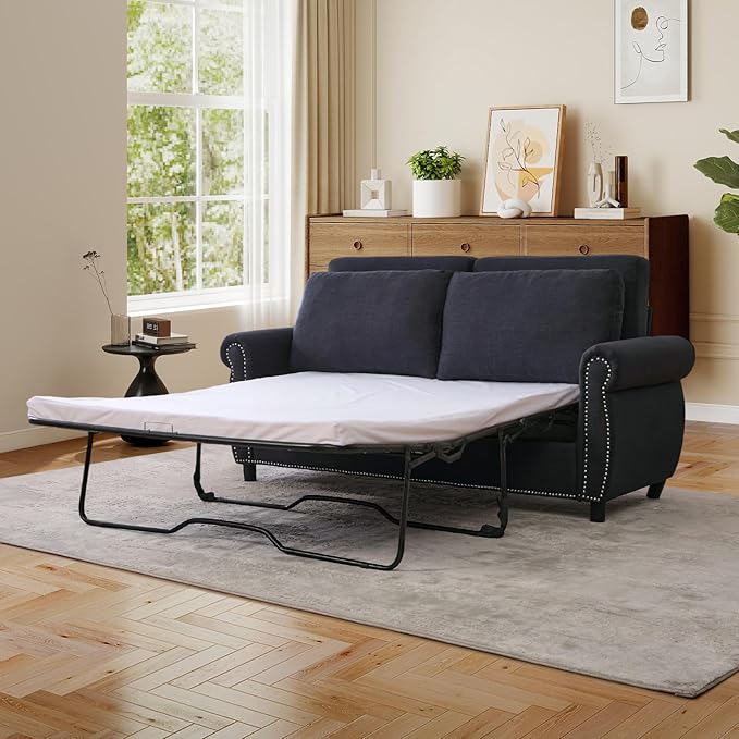 Full Size Pull Out Sofa Bed 3 in 1 Linen Convertible Loveseat Sleeper Sofa Bed with Memory Form Mattress Pull Out Couch with Nailhead Trim &amp Roll Arms for Living Room Bedroom Small Space(Grey)