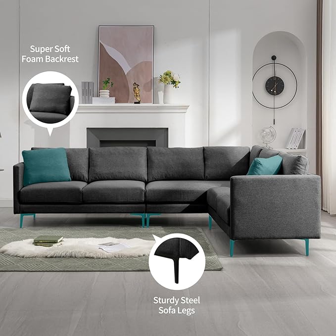 BALUS 107 W Sectional L Shaped Sofa Couch Set for Living Room Convertible Oversized 5-Seat Corner Sofa Sets with 2 Pillows Modern Linen Sofas with Metal Legs for Living Room Apartment - Dark Grey