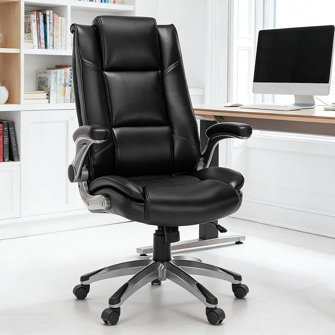 COLAMY Leather Executive Office Chair - High Back Home Computer Desk Chair with Padded Flip-up Arms Adjustable Tilt Lock Swivel Rolling Ergonomic Chair for Adult Working Study Black