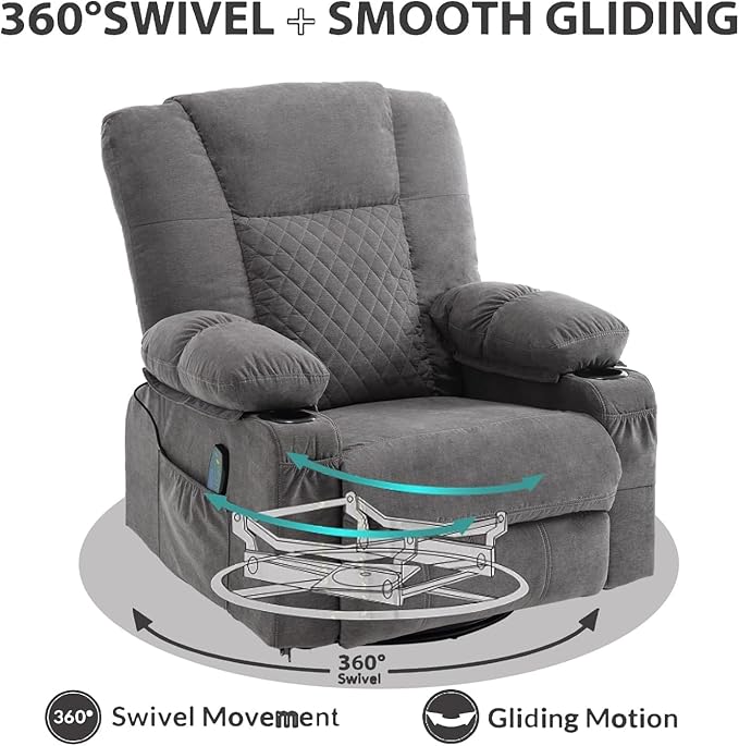 Swivel Rocker Recliner Chair with Massage Heat Overstuffed Fabric Recliners Oversize Lounge Chairs for Adults Manual Reclining Home Theater Single Sofa with Cup HoldersUSB Charge PortGrey