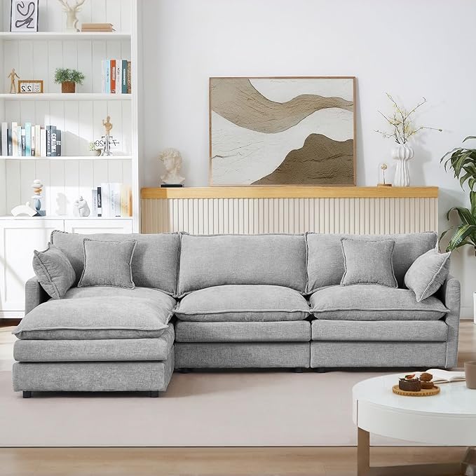 102 Grey Modular Sectional Sofa with Movable Ottoman Convertible L Shaped Chenille Cloud Couch Comfy 3-Seater Deep Seat Sofa Couches for Living Room Bedroom and Apartment (Grey 102)