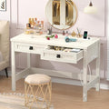 Farmhouse Computer Desk with 2 Drawers 39 Inch Small Office Computer Desk with Power Outlets Compact Writing Study Vanity Desk for Small Spaces White