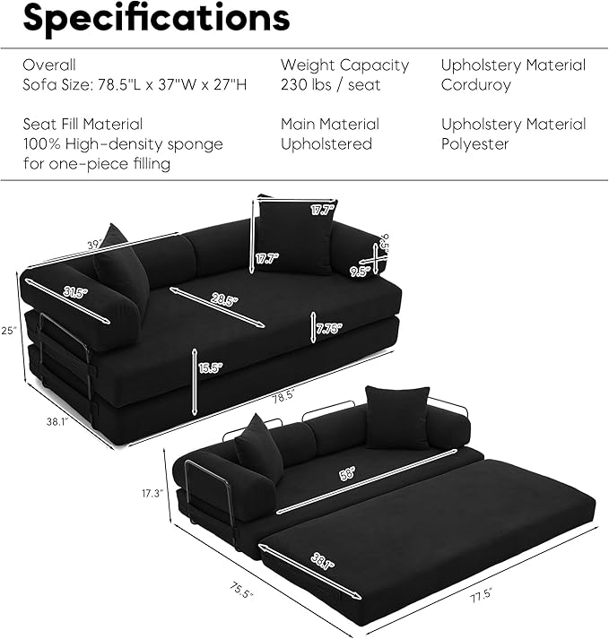 79 Inch Convertible Sleeper Sofa Bed 5 in-1 Boneless Floor Couch Bed with Fixed-Shape Frame Modular Floor Sofa Futon Couch for Living Room RV Studio Bedroom Small Spaces Black