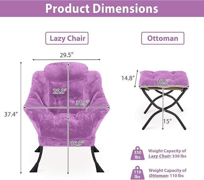 Lazy Chair with Folding Ottoman Accent Chair Plush Upholstered with Metal Structure and Non-Slip Pads Sofa Armchair with Footrest and Side Storage Bag for Dorm Room Office Purple