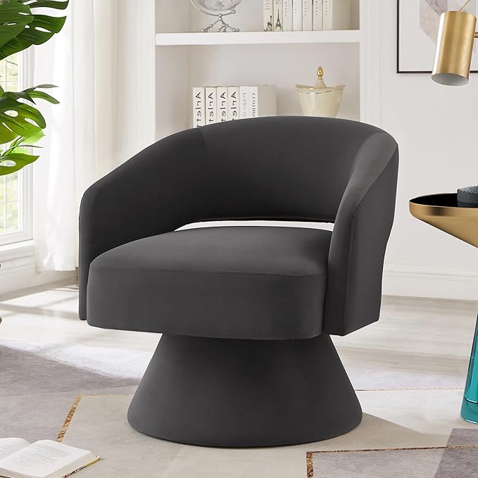 Swivel Barrel Chair Velvet Round Upholstered Accent ChairsLounge Chair with Open Backrest 360 Degree Comfy Single Sofa Dresser Chair for Living Room Hotel Bedroom Office (Dark Gray)